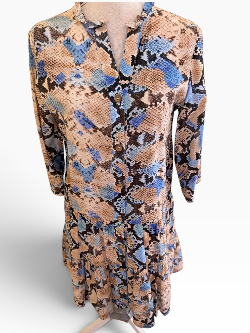 Vilagallo Blue/Brown/White Snake-Print Drop Waist Long-Sleeve Dress M